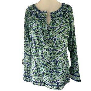 Vineyard Vines Blue Green Leopard Print Cotton Popover Tunic M Long Sleeve Top